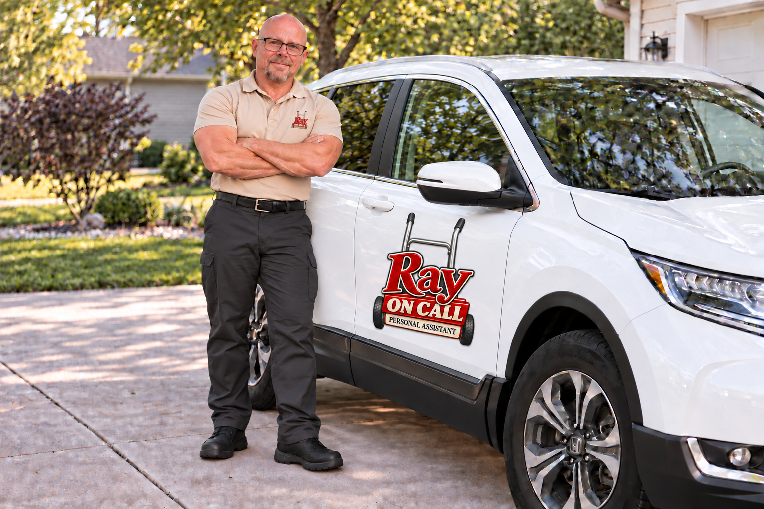 Ray standing proudly beside his white Honda CR-V with the centered Ray on Call door logo fully visible